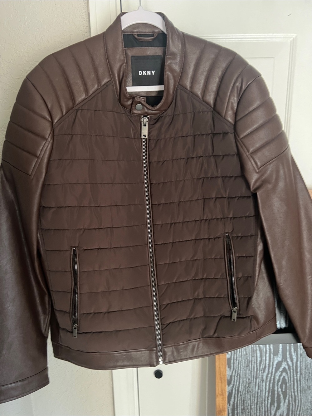 DKNY Men’s Brown Quilted Lightweight Moto Jacket